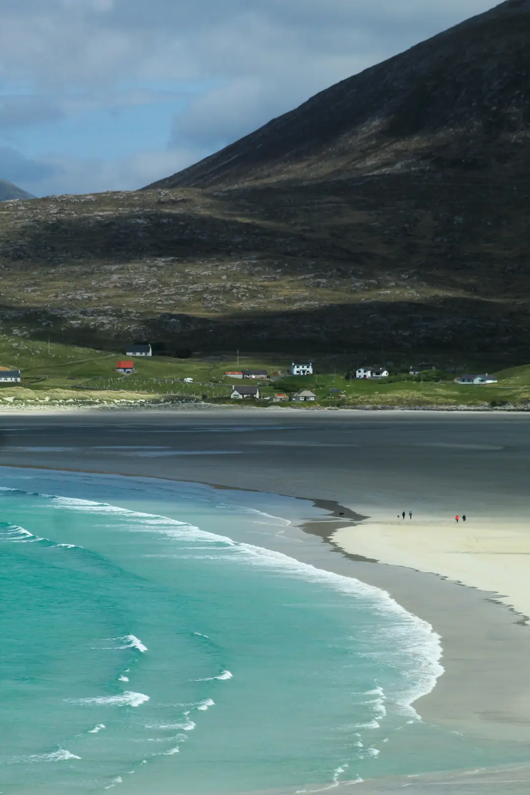 The pale curve of Luskentyre beach on Harris, turquoise shallows and a few white crofts under dark hills
