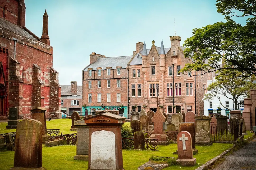 Red sandstone buildings and the old kirkyard in Kirkwall, Orkney