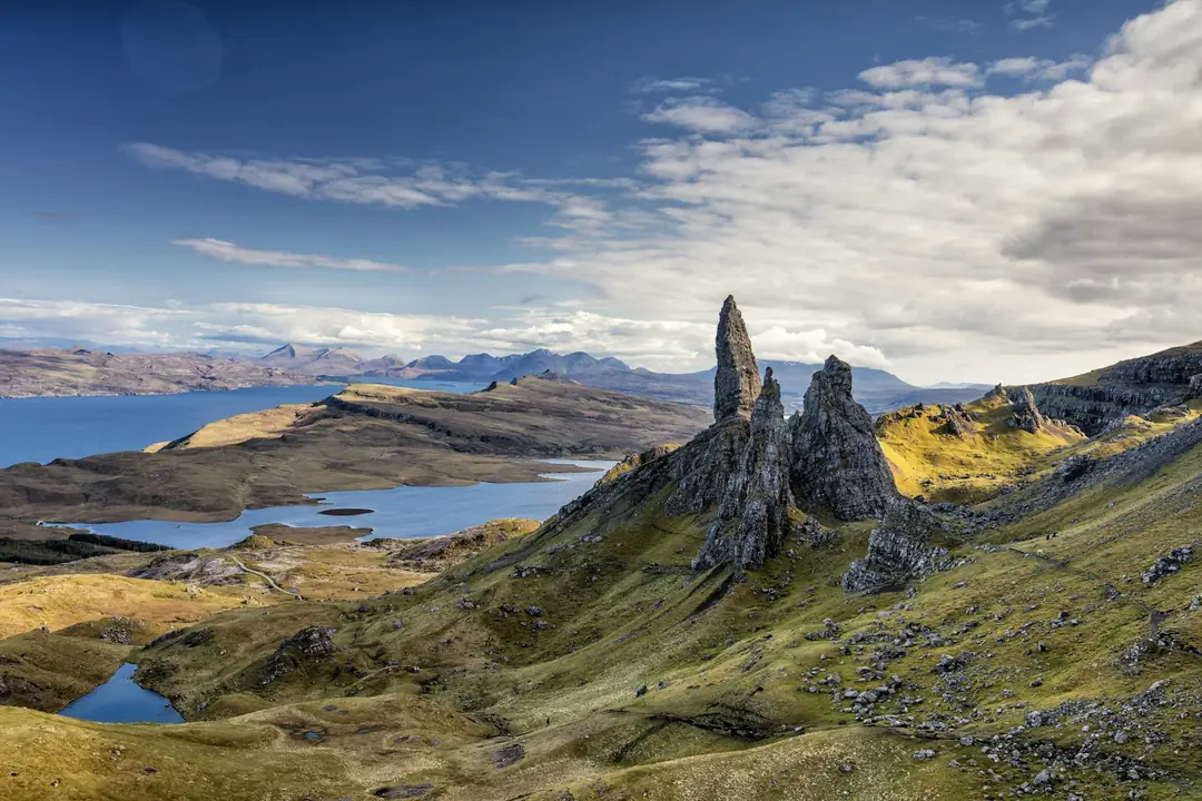 The Old Man of Storr and its ridge on Skye above a small loch